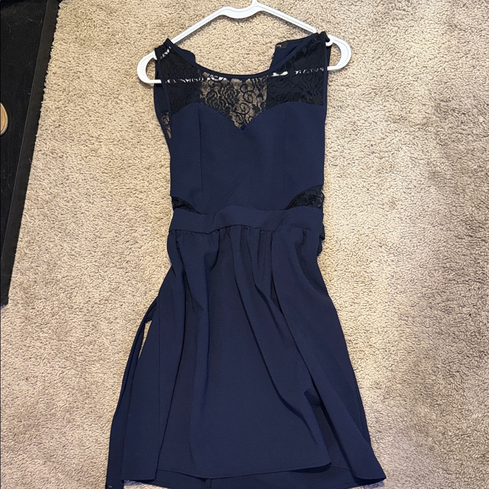 Chic Navy Blue High Low Dress with Lace Accents